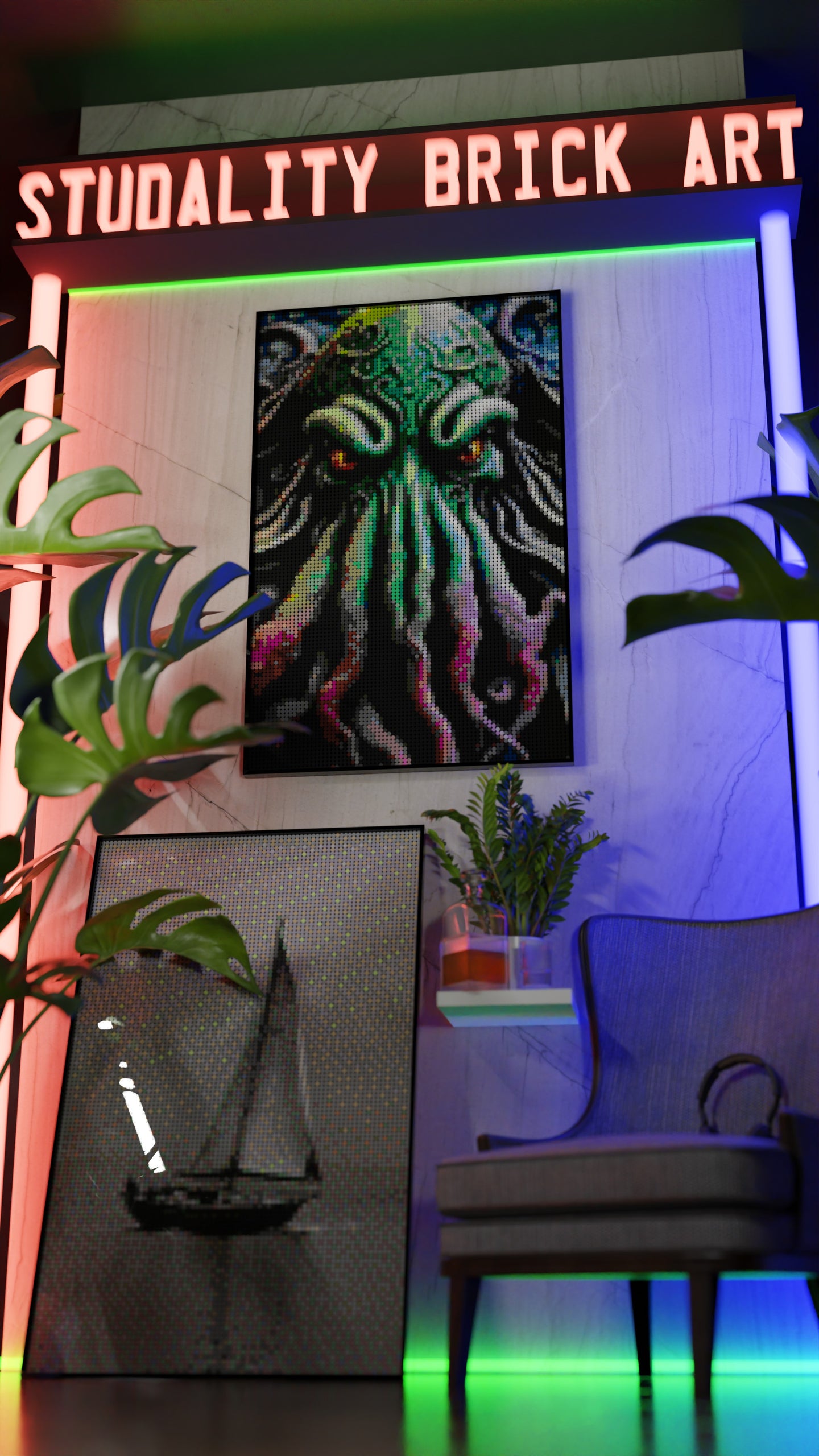 Arrival of Cthulhu LEGO® Style mosaic wall art made from colorful plastic bricks